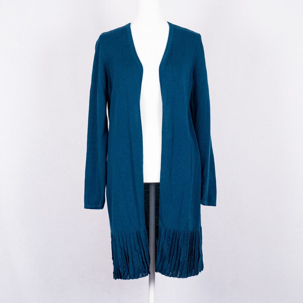 Chico's Teal Blue Duster Cardigan Pleated Hem SZ SMALL Cotton Blend Cozy Casual